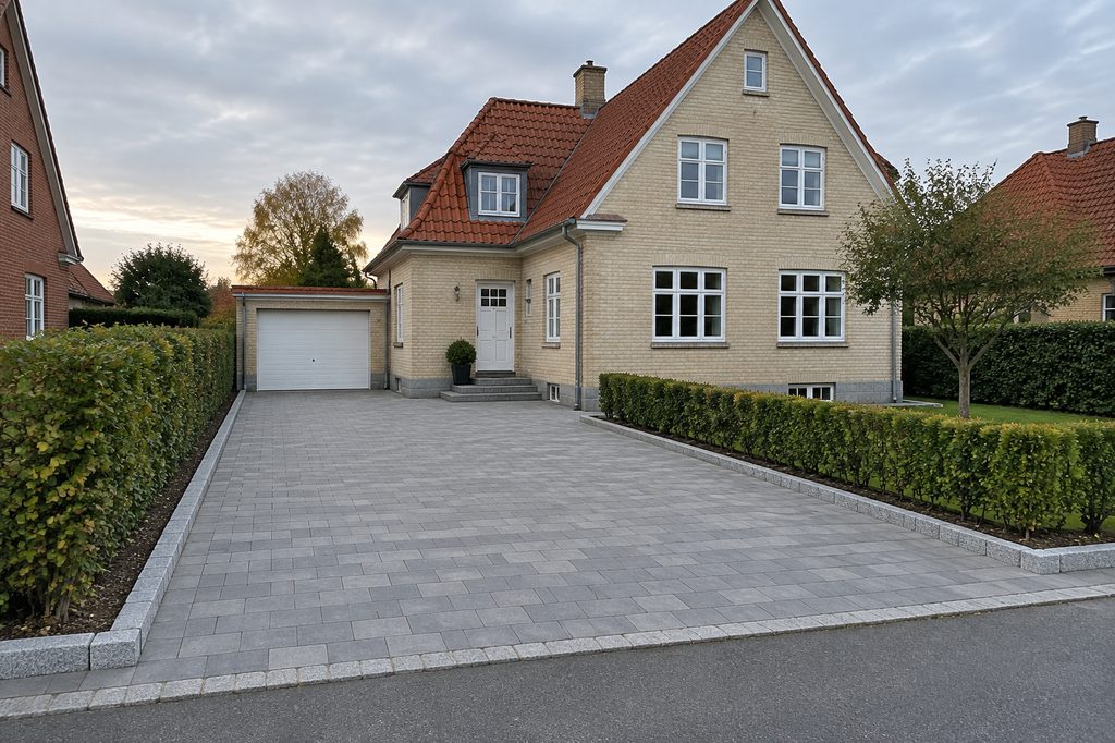 Færdig brolagt indkørsel i grå belægningssten foran en dansk villa med rødt tegltag