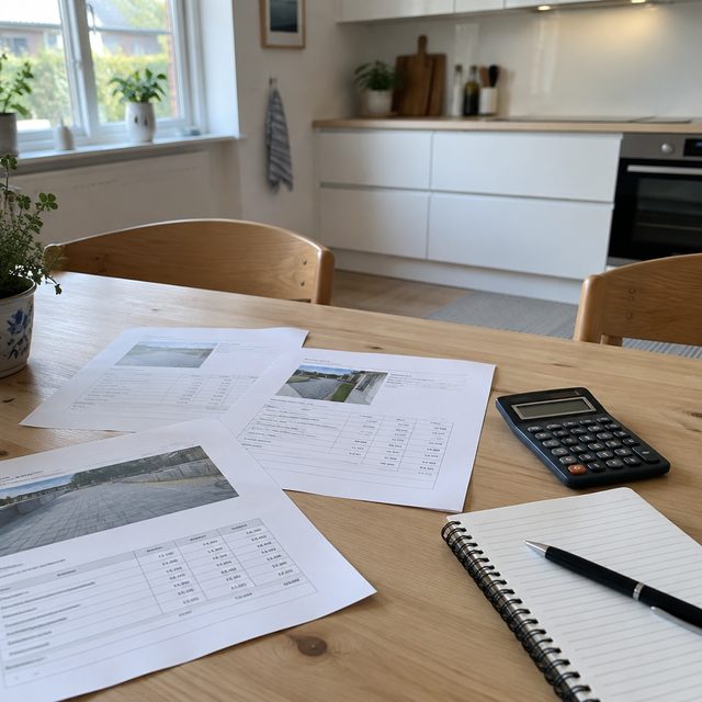 Køkkenbord med tilbud på stensætning, lommeregner og notesbog klar til fradragsopgørelsen